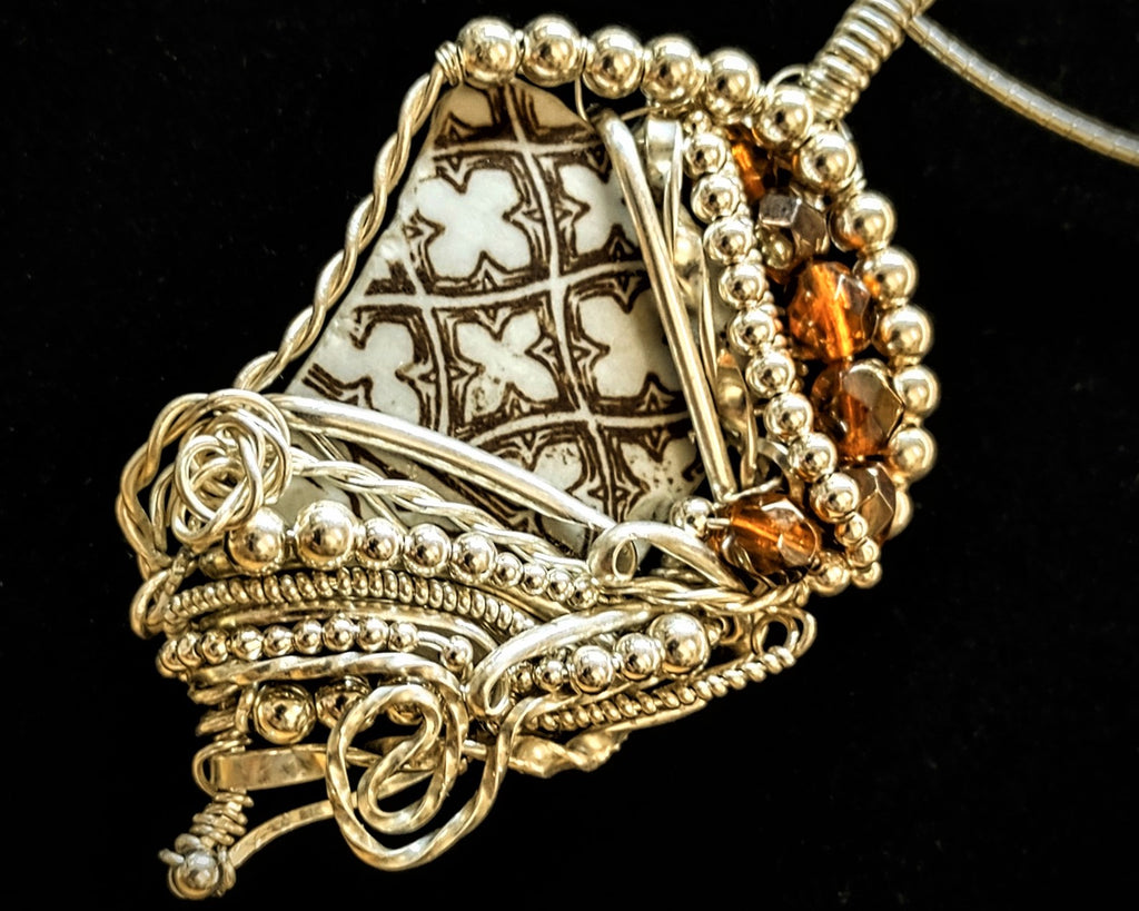 "Queen's Reign" Beach Pottery Silver Pendant
